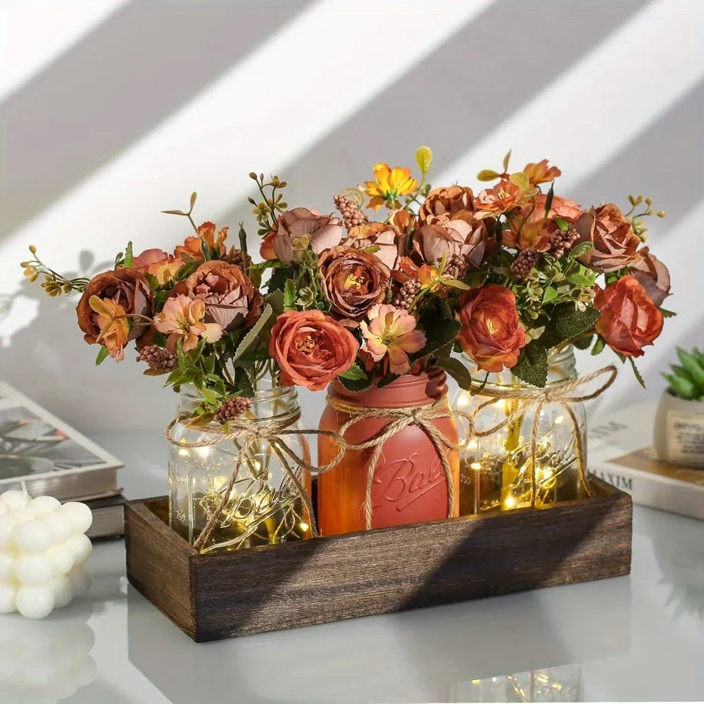 3pcs Mason Jar Centerpiece Table Decorations for Dining Table Decor Farmhouse Coffee Table Decor with Wood Tray and Led Light Table Centerpieces for Dining Room Kitchen Living Bathroom, Pink
