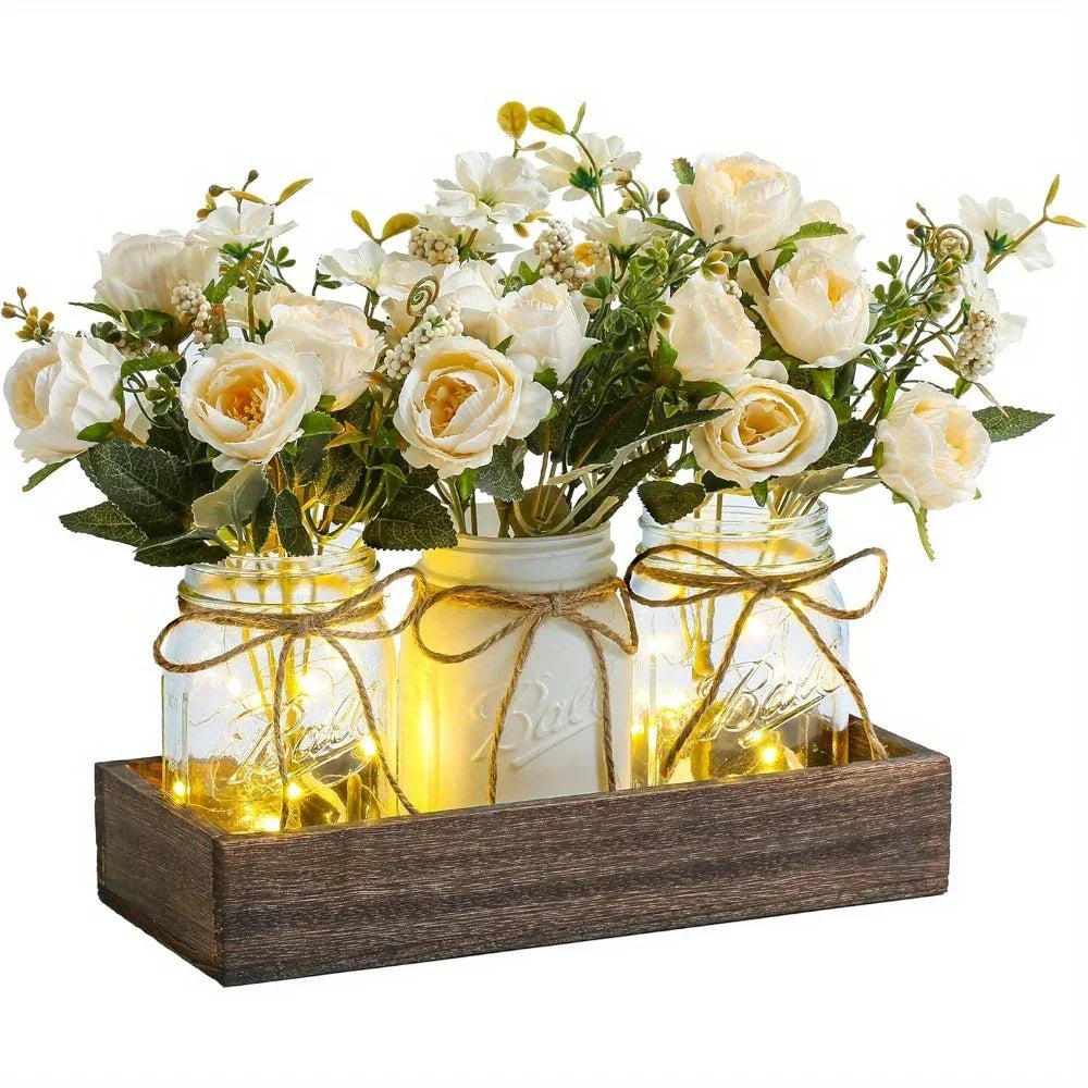 3pcs Mason Jar Centerpiece Table Decorations for Dining Table Decor Farmhouse Coffee Table Decor with Wood Tray and Led Light Table Centerpieces for Dining Room Kitchen Living Bathroom, Pink