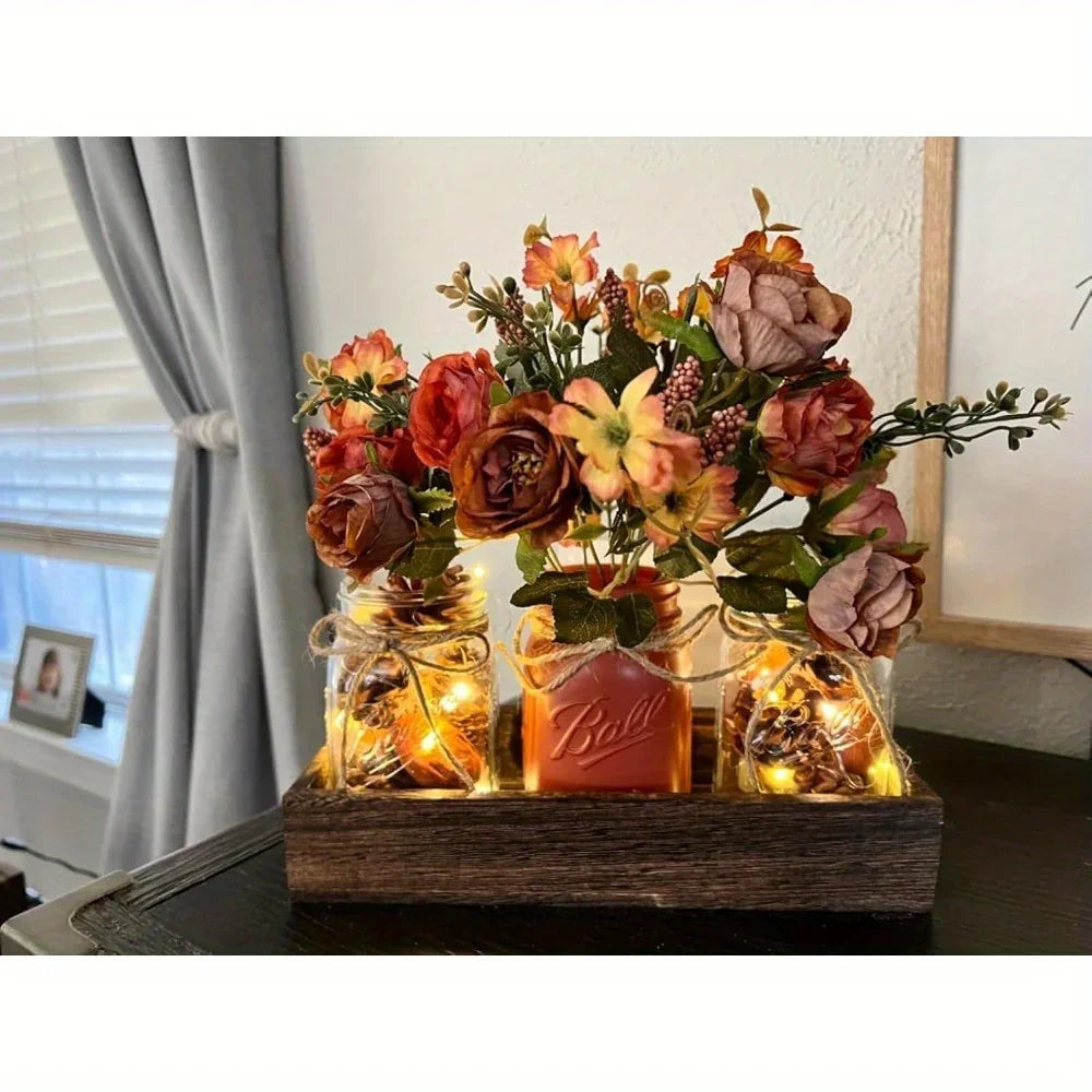 3pcs Mason Jar Centerpiece Table Decorations for Dining Table Decor Farmhouse Coffee Table Decor with Wood Tray and Led Light Table Centerpieces for Dining Room Kitchen Living Bathroom, Pink
