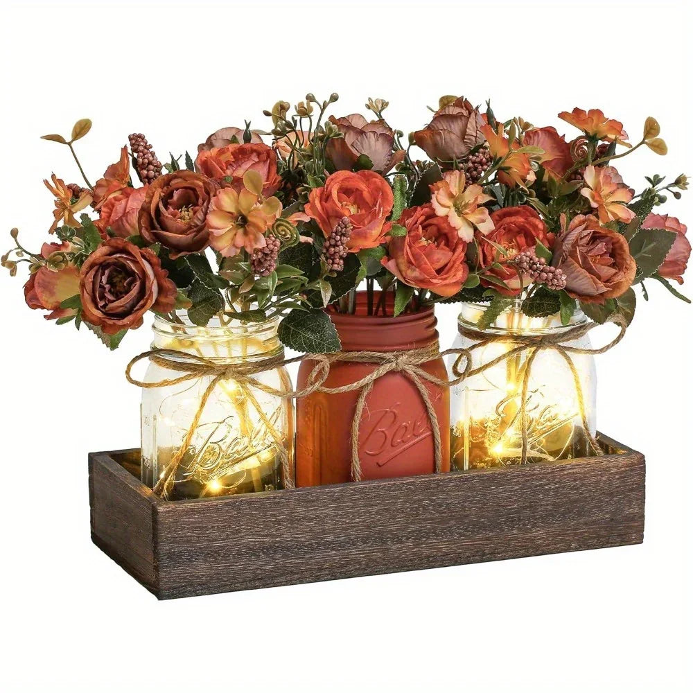 3pcs Mason Jar Centerpiece Table Decorations for Dining Table Decor Farmhouse Coffee Table Decor with Wood Tray and Led Light Table Centerpieces for Dining Room Kitchen Living Bathroom, Pink