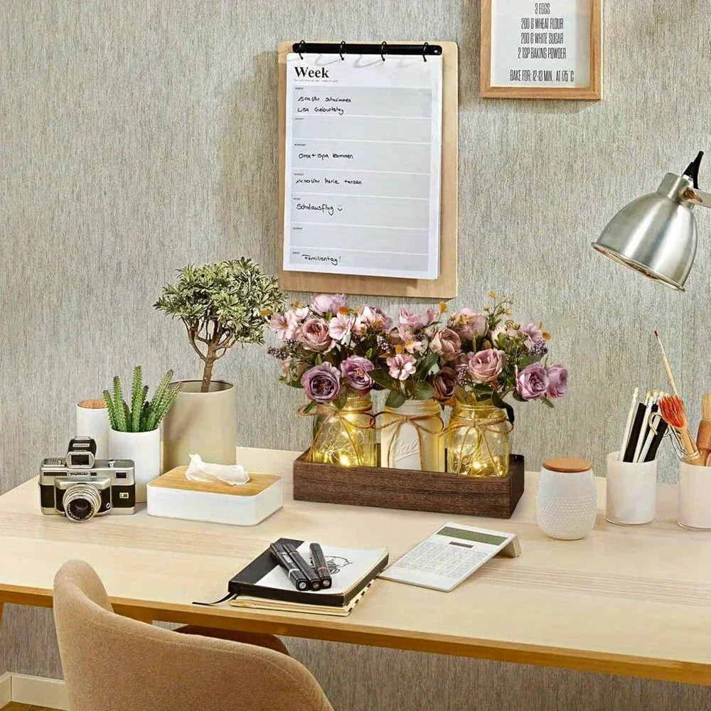 3pcs Mason Jar Centerpiece Table Decorations for Dining Table Decor Farmhouse Coffee Table Decor with Wood Tray and Led Light Table Centerpieces for Dining Room Kitchen Living Bathroom, Pink