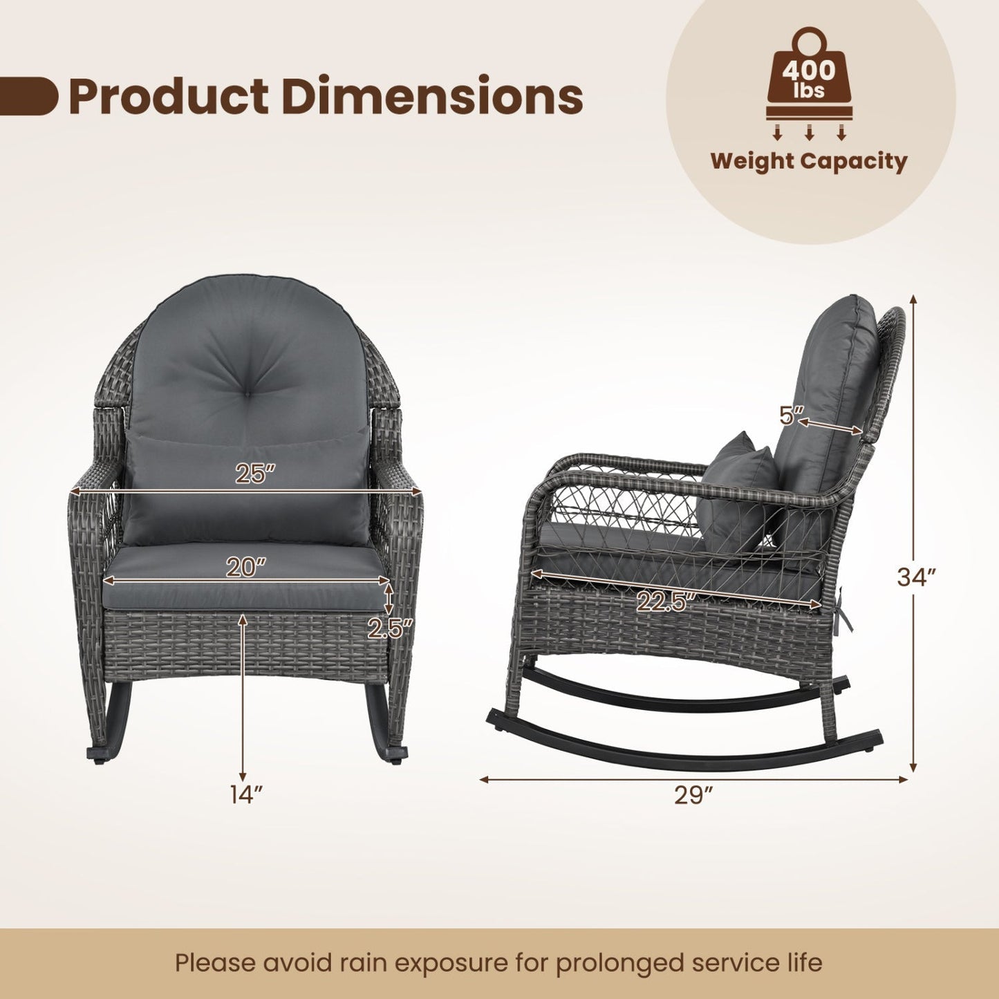 Patio Rattan Rocking Chair with Cushions - 400 LBS Capacity