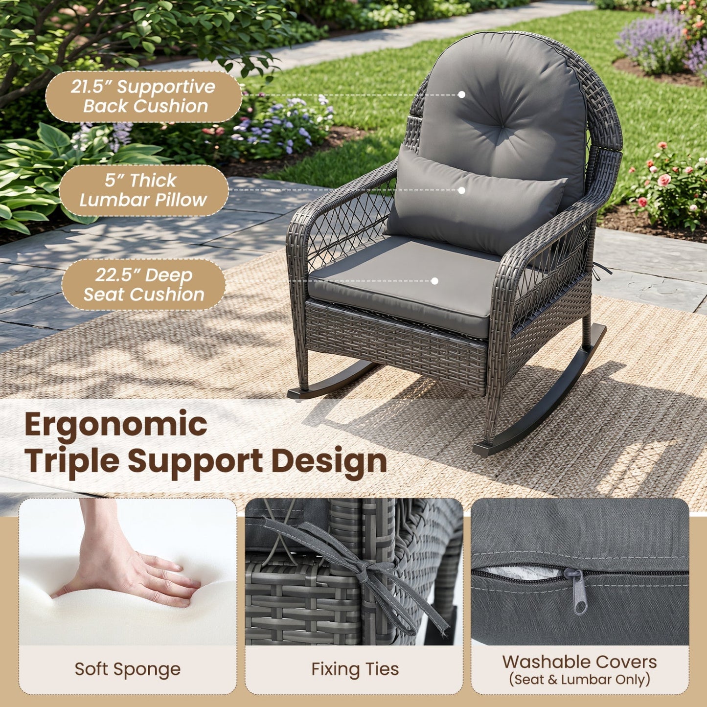 Patio Rattan Rocking Chair with Cushions - 400 LBS Capacity