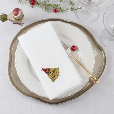 Fennco Styles Country Embroidered Pheasant Cloth Napkins 20" W x 20" L, Set of 4 - White Elegant Dinner Napkins for Dining Table, Family Gatherings, Banquets & Home Décor