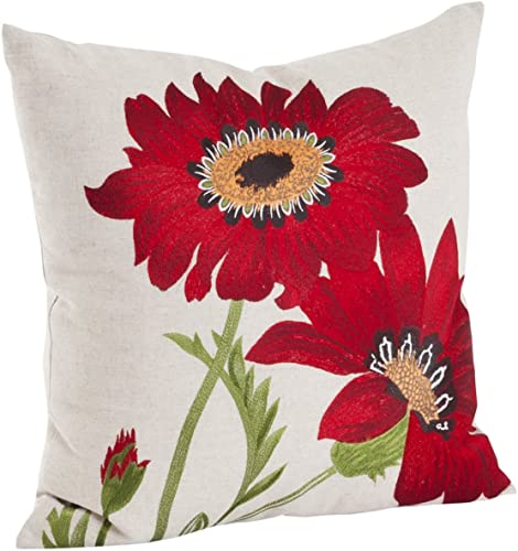 Fennco Styles Le Tournesol Embroidered Sunflower Decorative Throw Pillow, Filler Included, 18-Inch Square - Red Flower Cotton Linen Pillow for Home, Couch, Living Room and Bedroom Décor