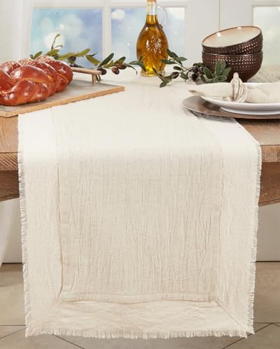 Fennco Styles Double-Layer Fringe Cotton Blend Table Runner 16”W x 72" L - Natural Woven Table Cover for Home Décor, Dining Table, Banquets, Holidays and Special Occasions