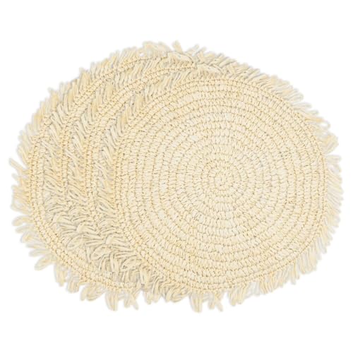 Fennco Styles Raffia Fringe Placemat 14" Round, Set of 4 - Black Woven Rustic Table Mat for Home, Dining Room, Banquets, Boho Decor, Family Gathering and Special Occasion
