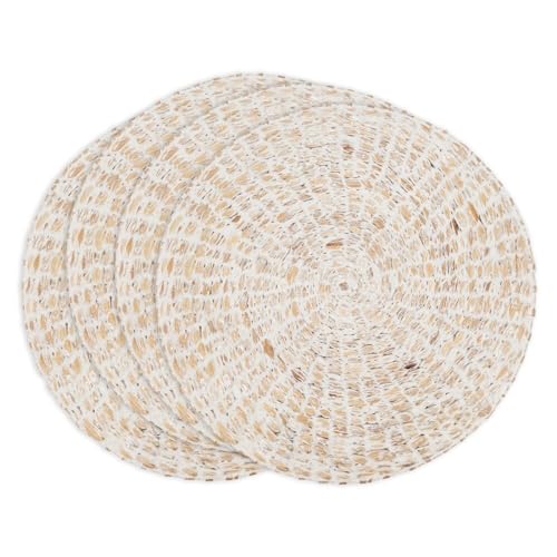 Fennco Styles Foil Print Water Hyacinth Placemats 15" Round, Set of 4 - Silver Metallic Table Mats Heat Resistant Insulation for Home, Boho Décor, Dining Table, Banquets, Special Events