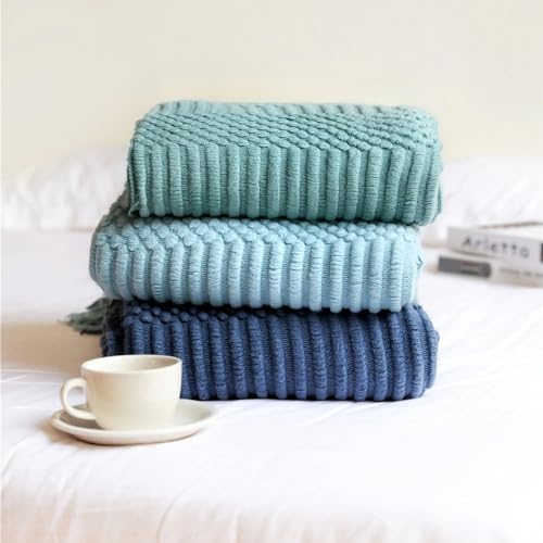 Fennco Styles Striped Knit Solid Fringe Throw Blanket 50" W x 60" L - Navy Blue Soft Textured Light Weight Blanket for Sofa, Couch, Living Room and Bedroom Décor