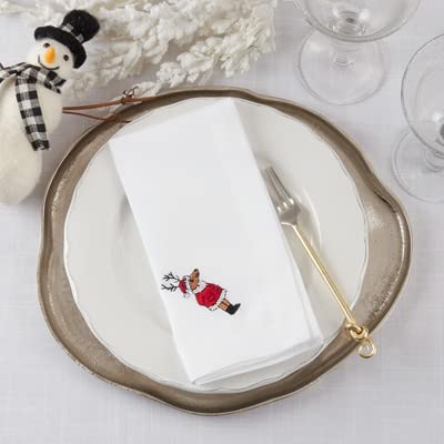Fennco Styles Country Embroidered Pheasant Cloth Napkins 20" W x 20" L, Set of 4 - White Elegant Dinner Napkins for Dining Table, Family Gatherings, Banquets & Home Décor