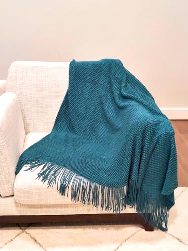 Fennco Styles Textured Knit Solid Fringe Throw Blanket 50" W x 60" L - Navy Blue Waffle Pattern Light Weight Blanket for Sofa, Couch, Living Room and Bedroom Décor