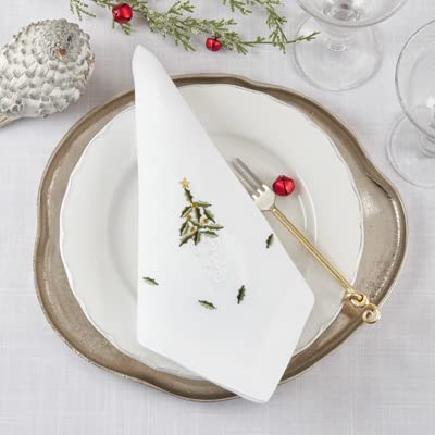 Fennco Styles Country Embroidered Pheasant Cloth Napkins 20" W x 20" L, Set of 4 - White Elegant Dinner Napkins for Dining Table, Family Gatherings, Banquets & Home Décor