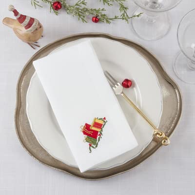 Fennco Styles Country Embroidered Pheasant Cloth Napkins 20" W x 20" L, Set of 4 - White Elegant Dinner Napkins for Dining Table, Family Gatherings, Banquets & Home Décor