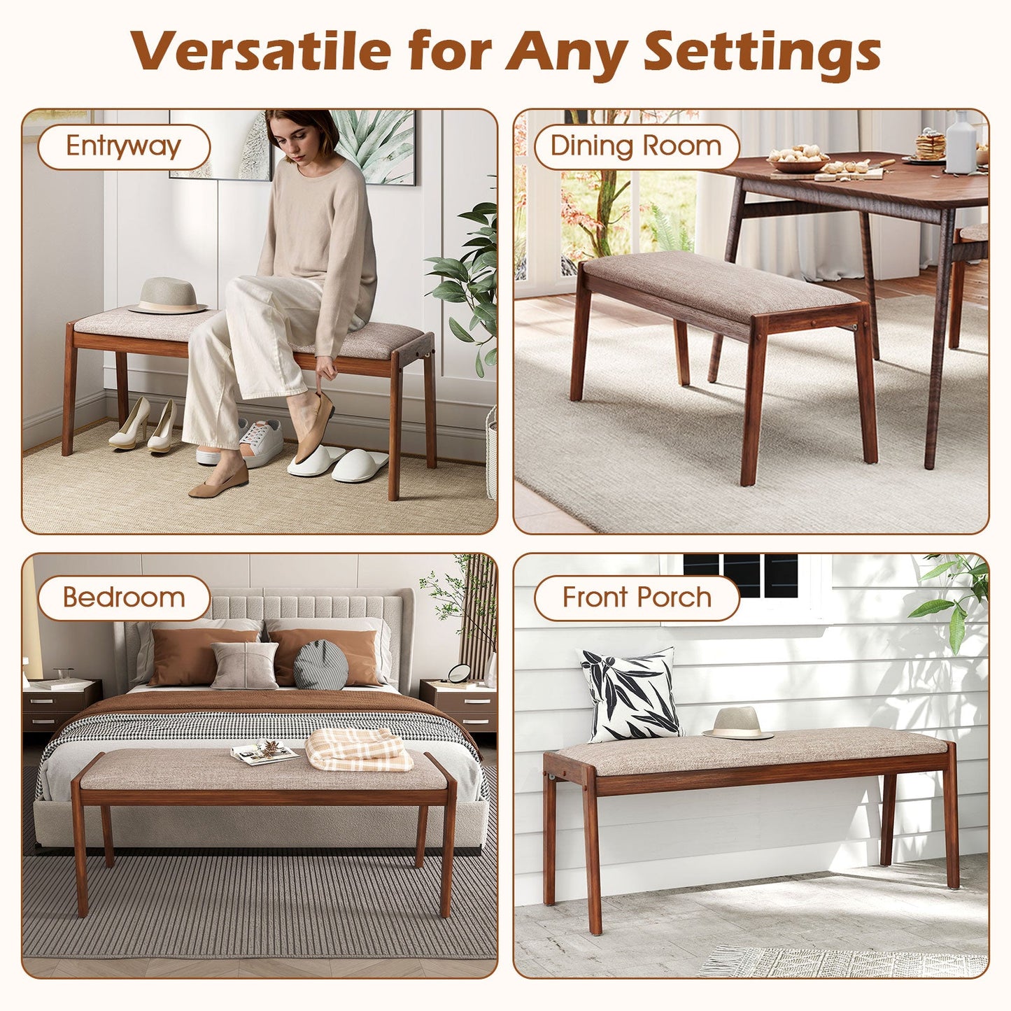 45 Inch Farmhouse Backless Bench with Rubber Wood Legs and Fabric Padded Seat-Beige