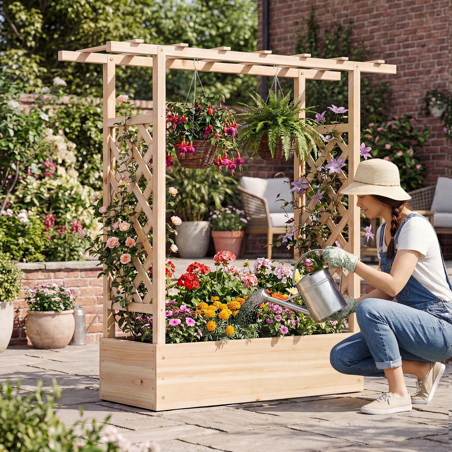 45 inch Tall Wooden Raised Garden Bed with Side Trellis and Hanging Roof