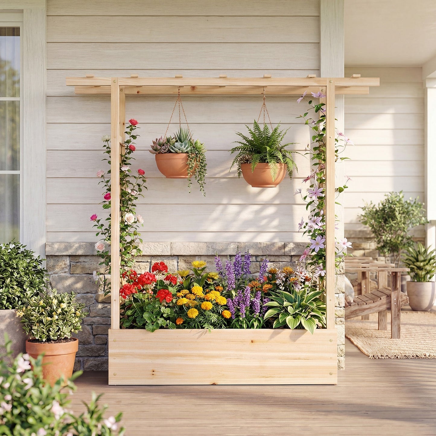 45 inch Tall Wooden Raised Garden Bed with Side Trellis and Hanging Roof