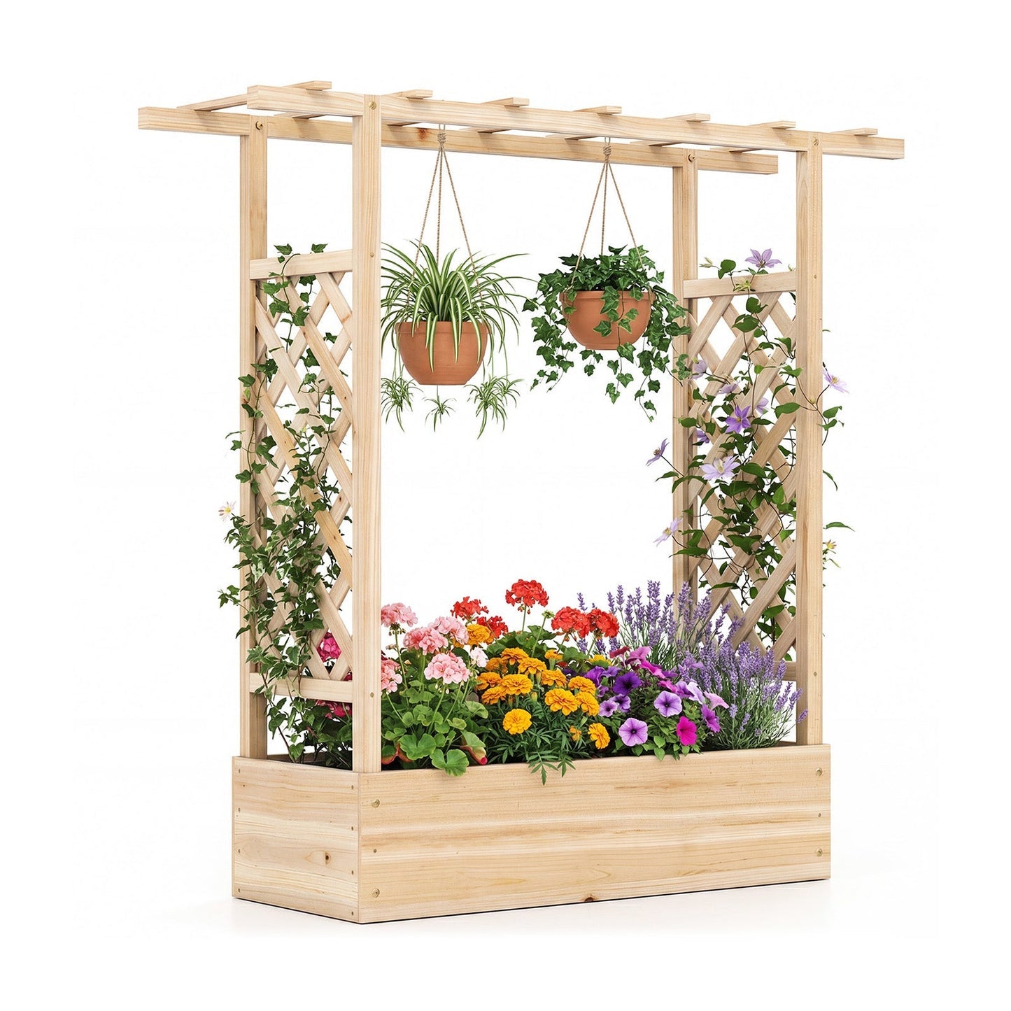 45 inch Tall Wooden Raised Garden Bed with Side Trellis and Hanging Roof