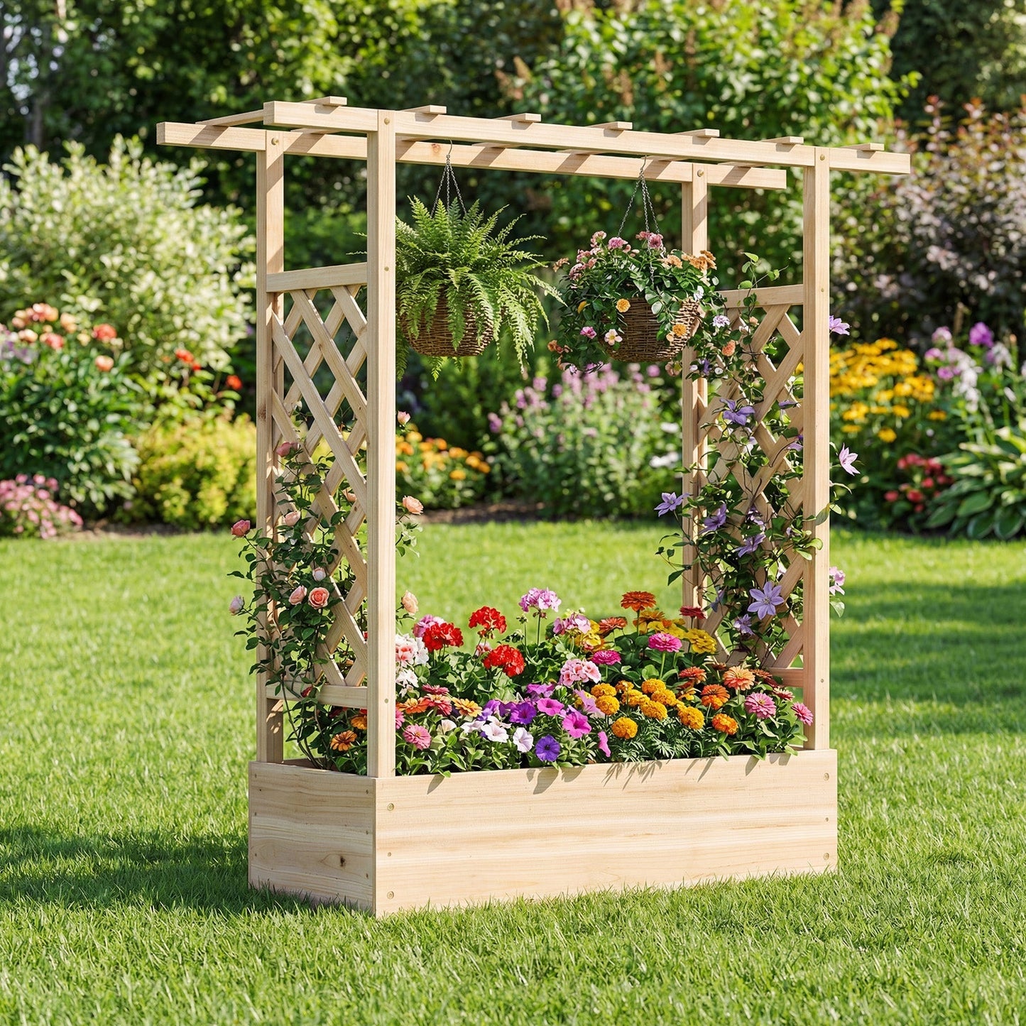 45 inch Tall Wooden Raised Garden Bed with Side Trellis and Hanging Roof
