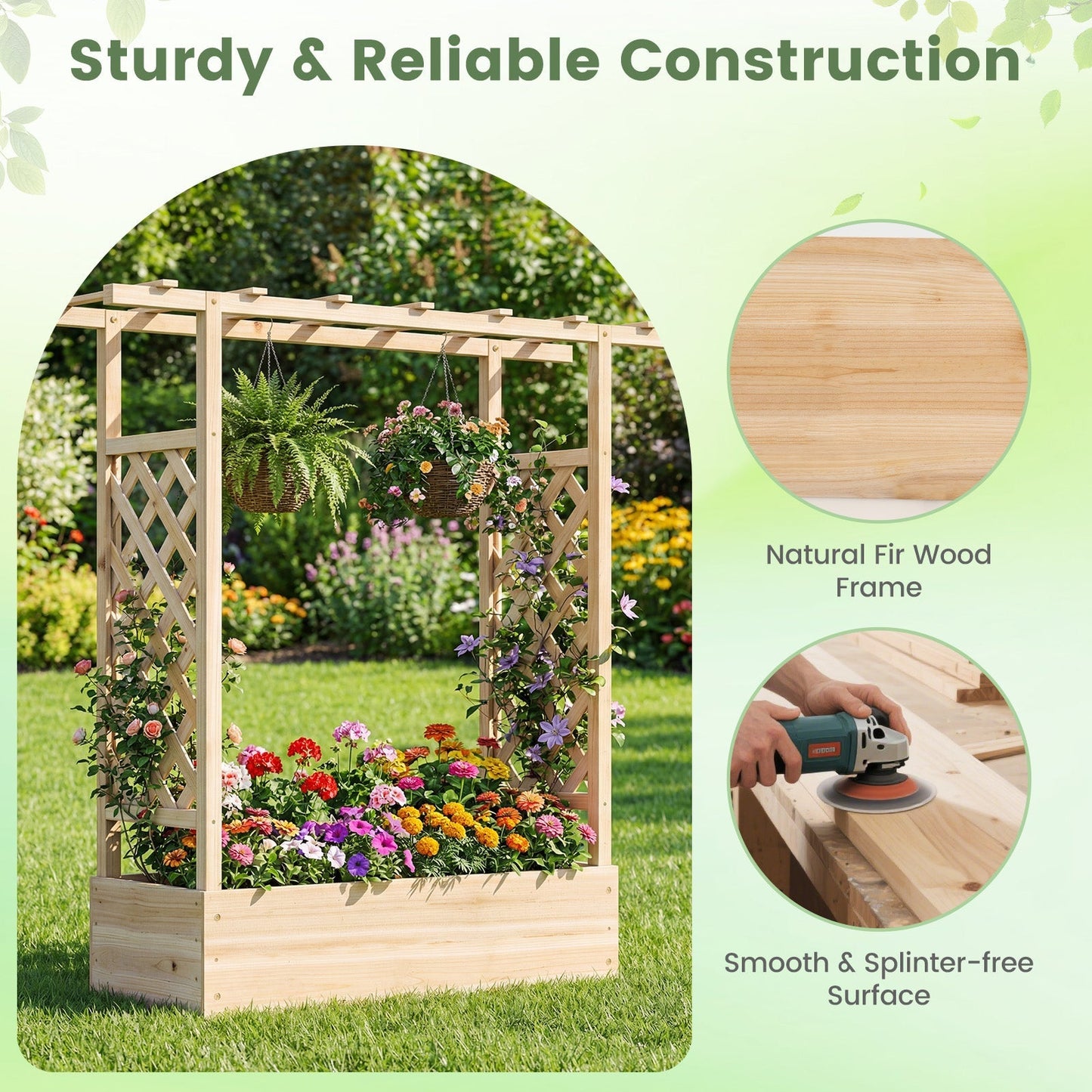 45 inch Tall Wooden Raised Garden Bed with Side Trellis and Hanging Roof