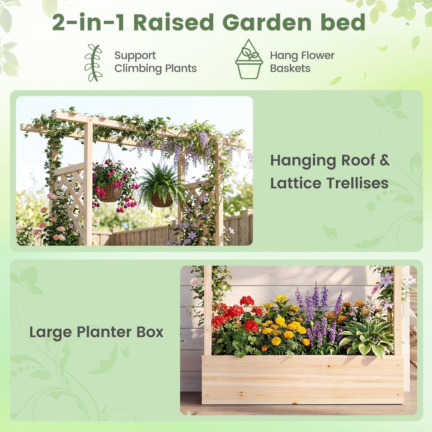 45 inch Tall Wooden Raised Garden Bed with Side Trellis and Hanging Roof