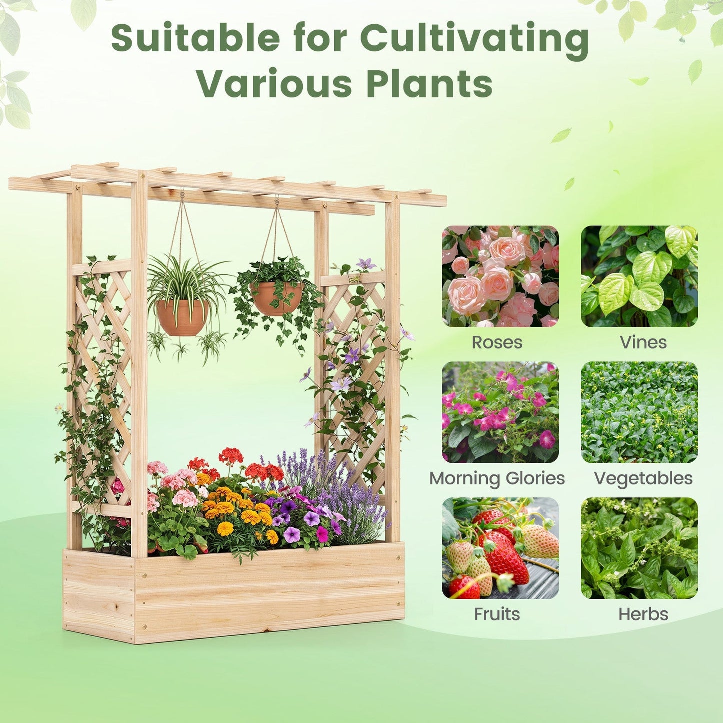45 inch Tall Wooden Raised Garden Bed with Side Trellis and Hanging Roof