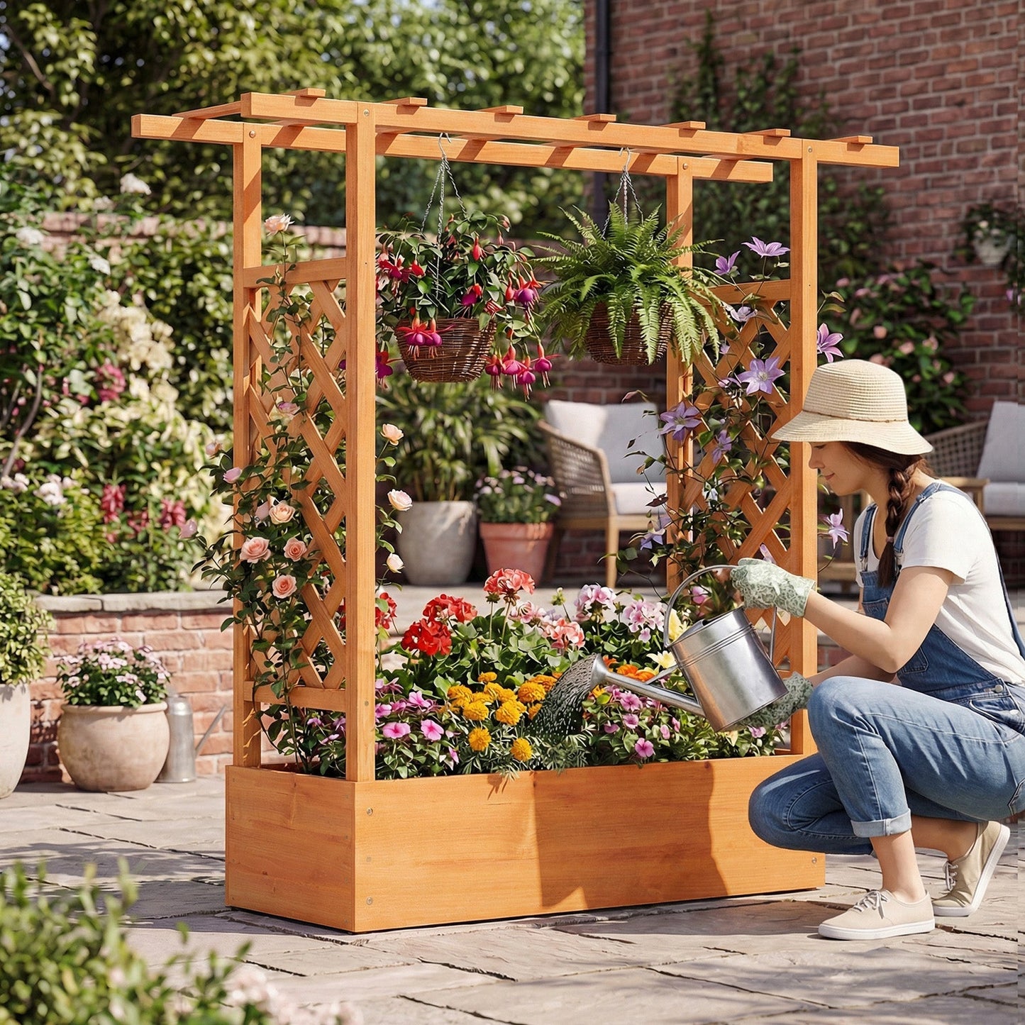 45 inch Tall Wooden Raised Garden Bed with Side Trellis and Hanging Roof
