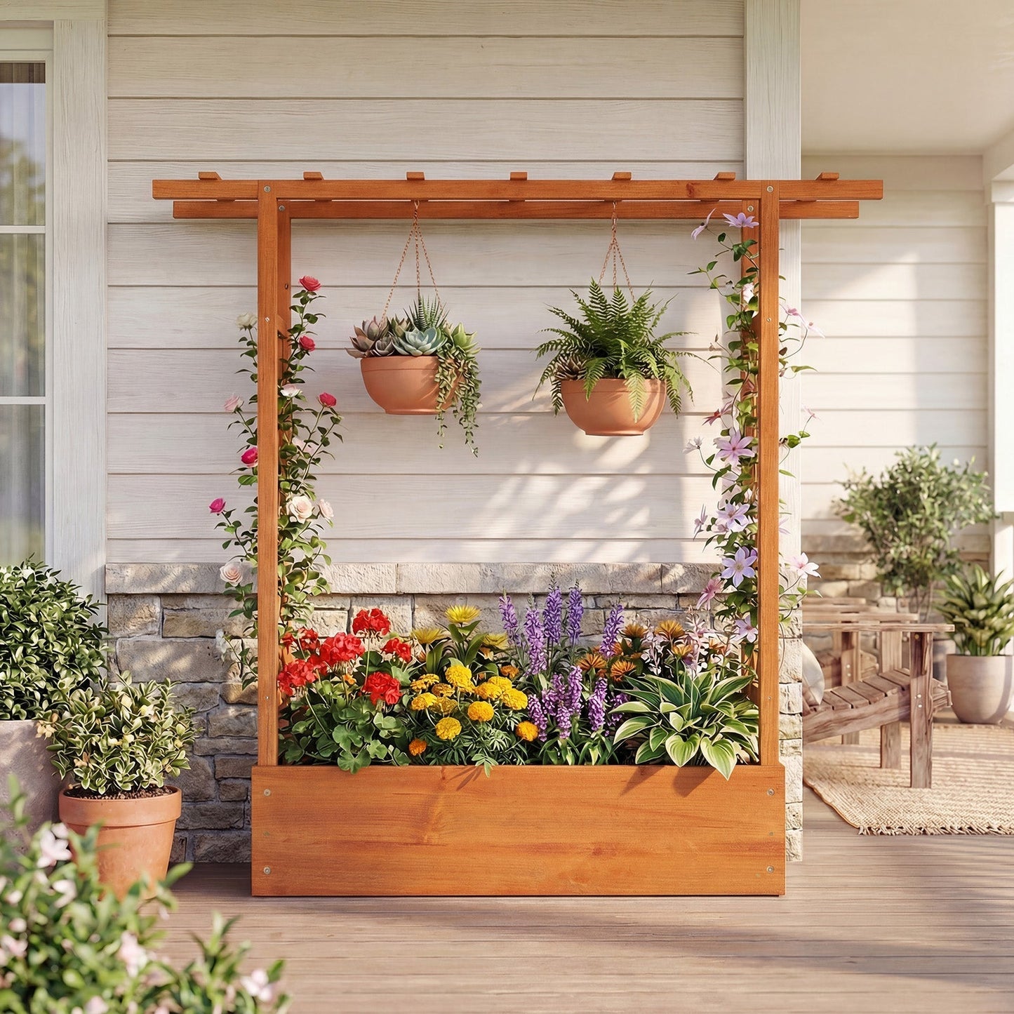 45 inch Tall Wooden Raised Garden Bed with Side Trellis and Hanging Roof