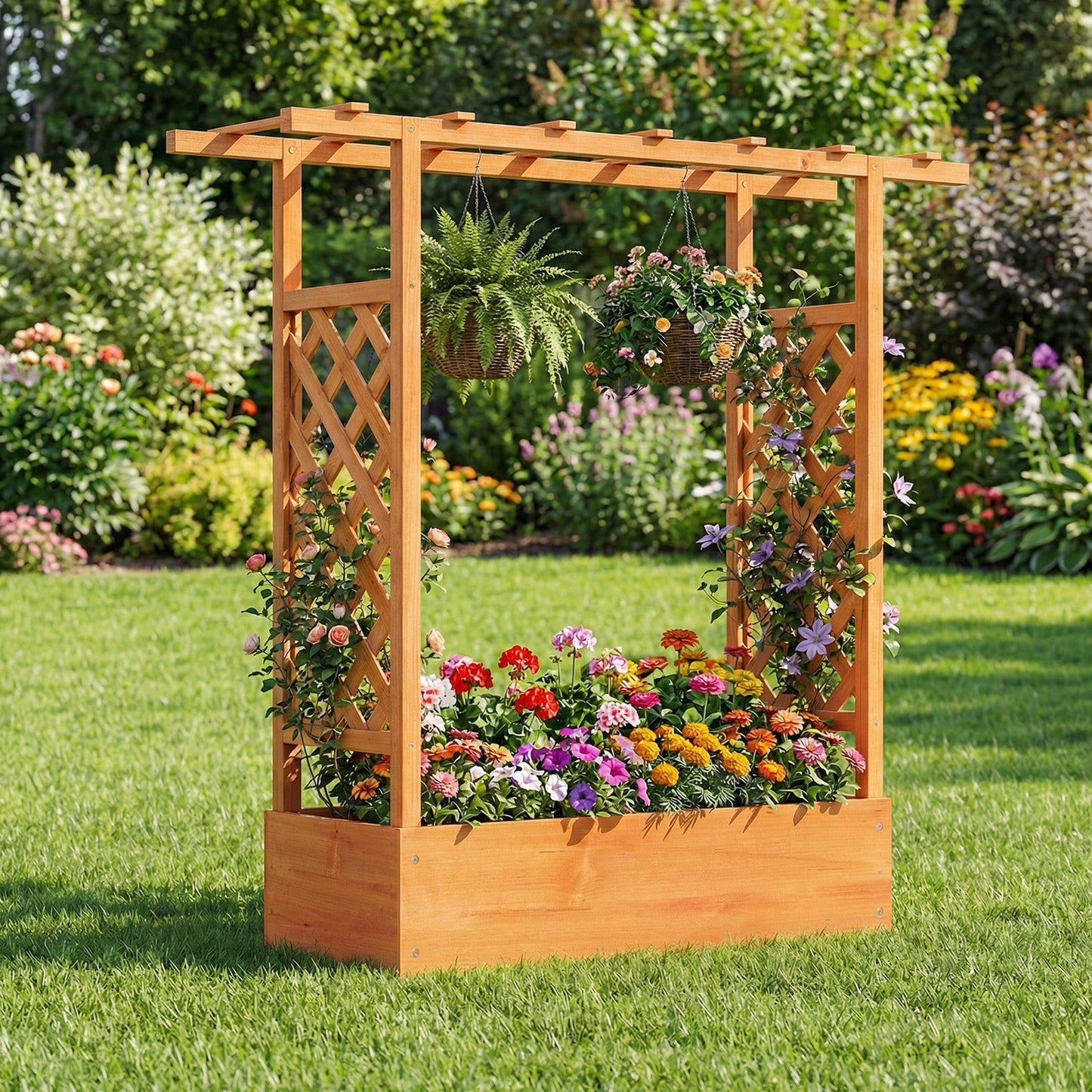 45 inch Tall Wooden Raised Garden Bed with Side Trellis and Hanging Roof