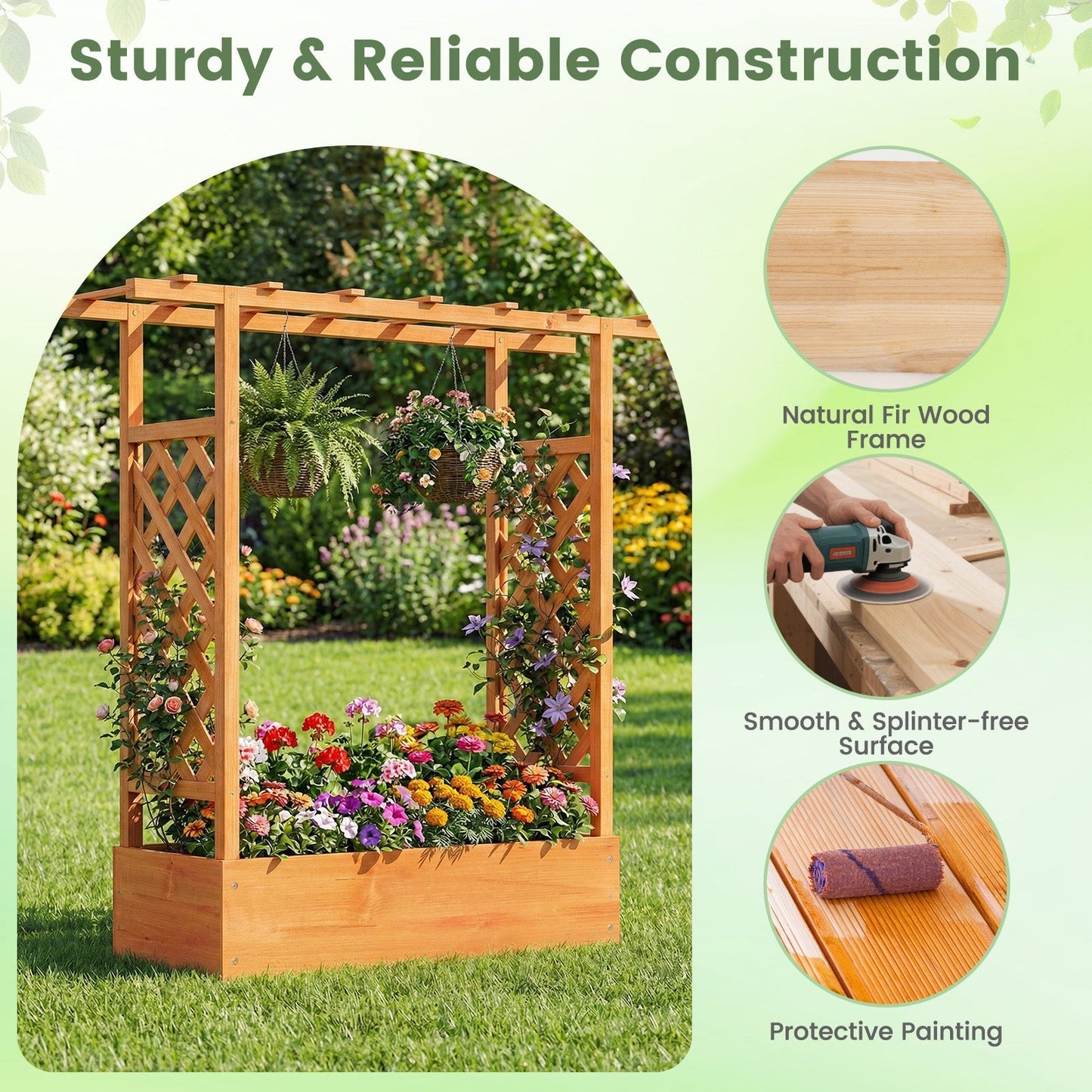 45 inch Tall Wooden Raised Garden Bed with Side Trellis and Hanging Roof