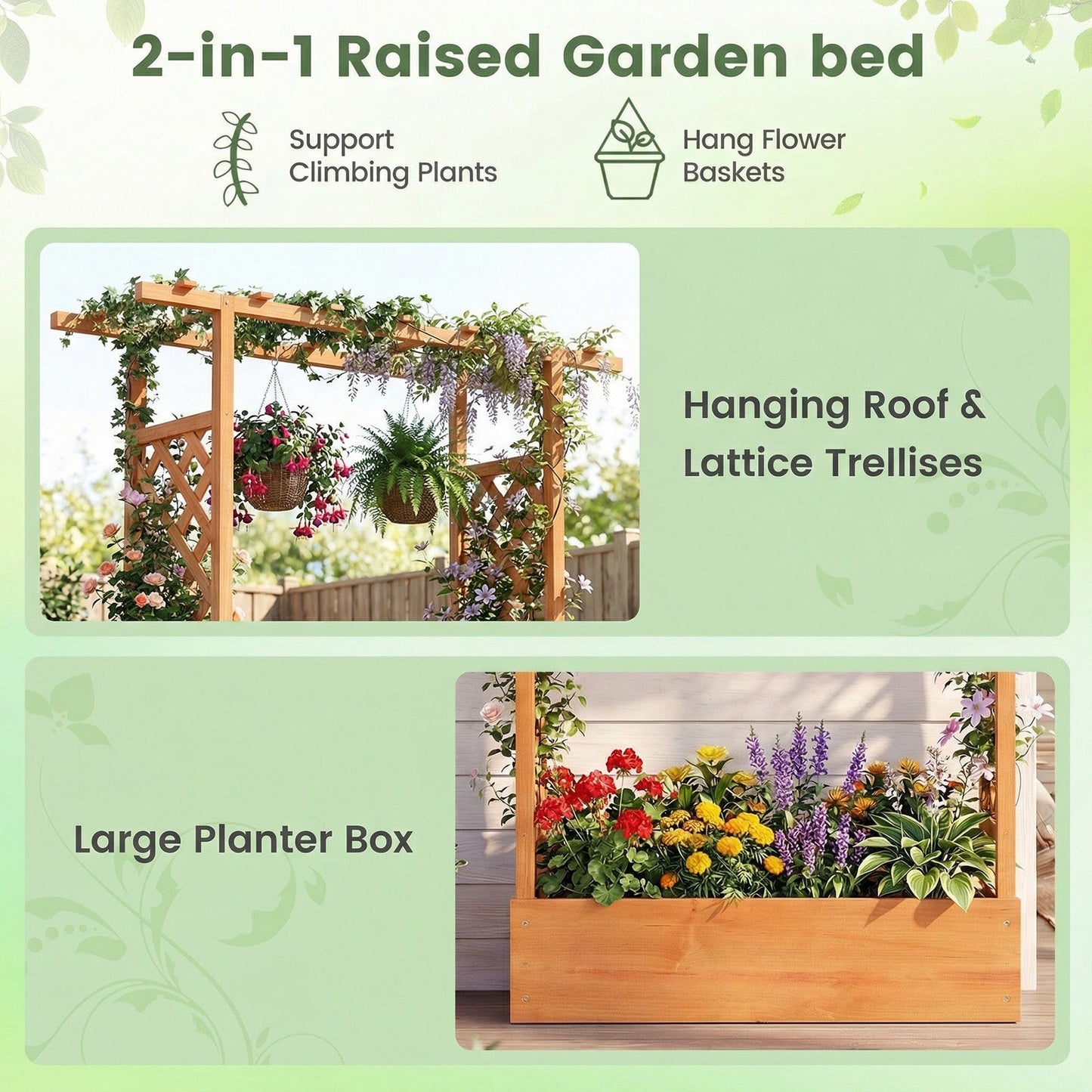 45 inch Tall Wooden Raised Garden Bed with Side Trellis and Hanging Roof