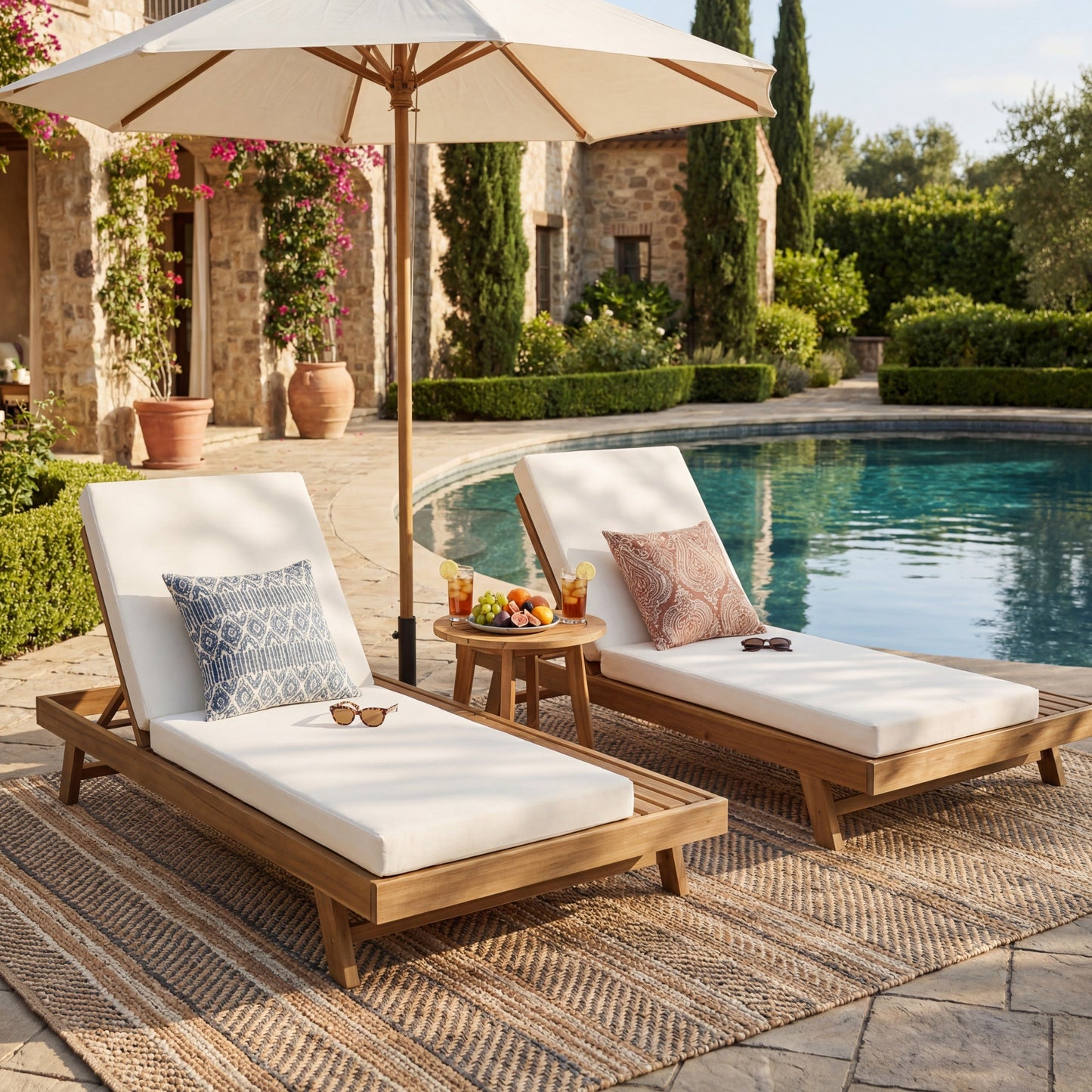 Lounge Chaise Set, Acacia Wood - Outdoor Seating