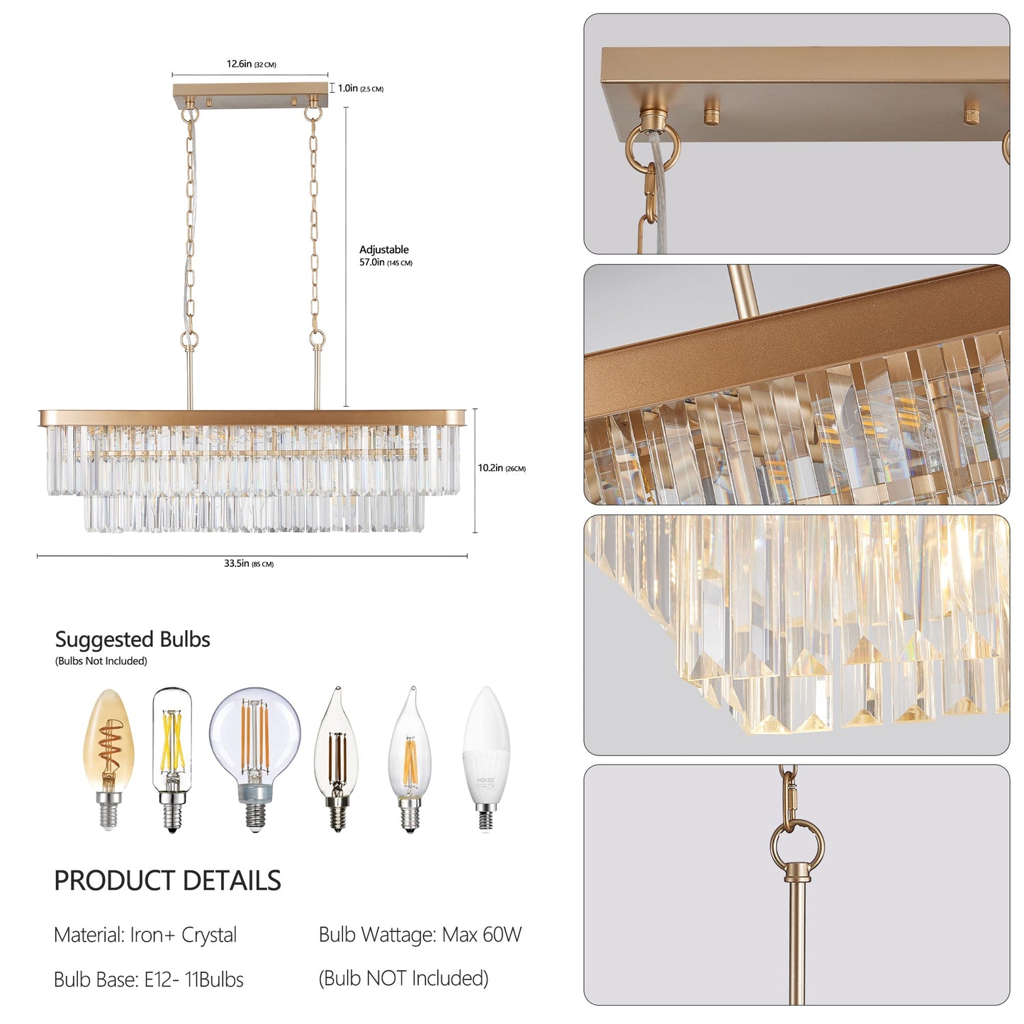 Chandeliers,Rectangular Crystal Chandelier Adjustable,E12 Modern Industrial Crystal Lights (Bulb Not Included)