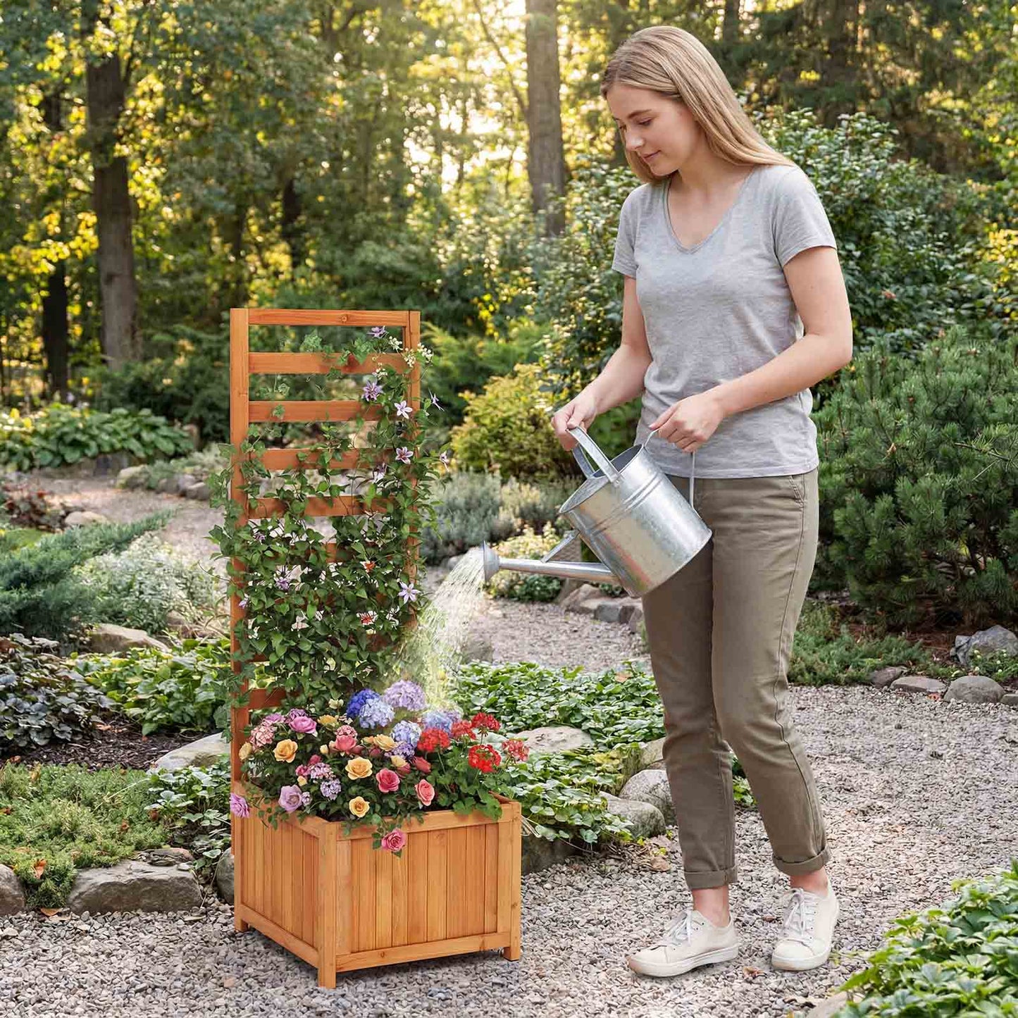 48 Inch Wood Raised Garden Bed with Trellis with Drainage Holes-Natural