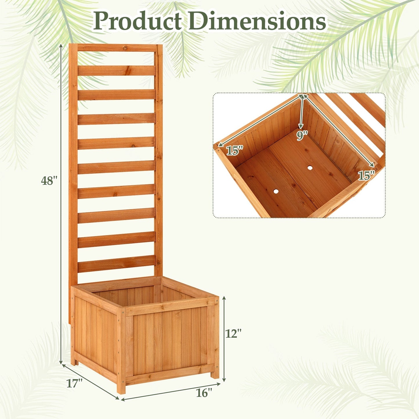 48 Inch Wood Raised Garden Bed with Trellis with Drainage Holes-Natural