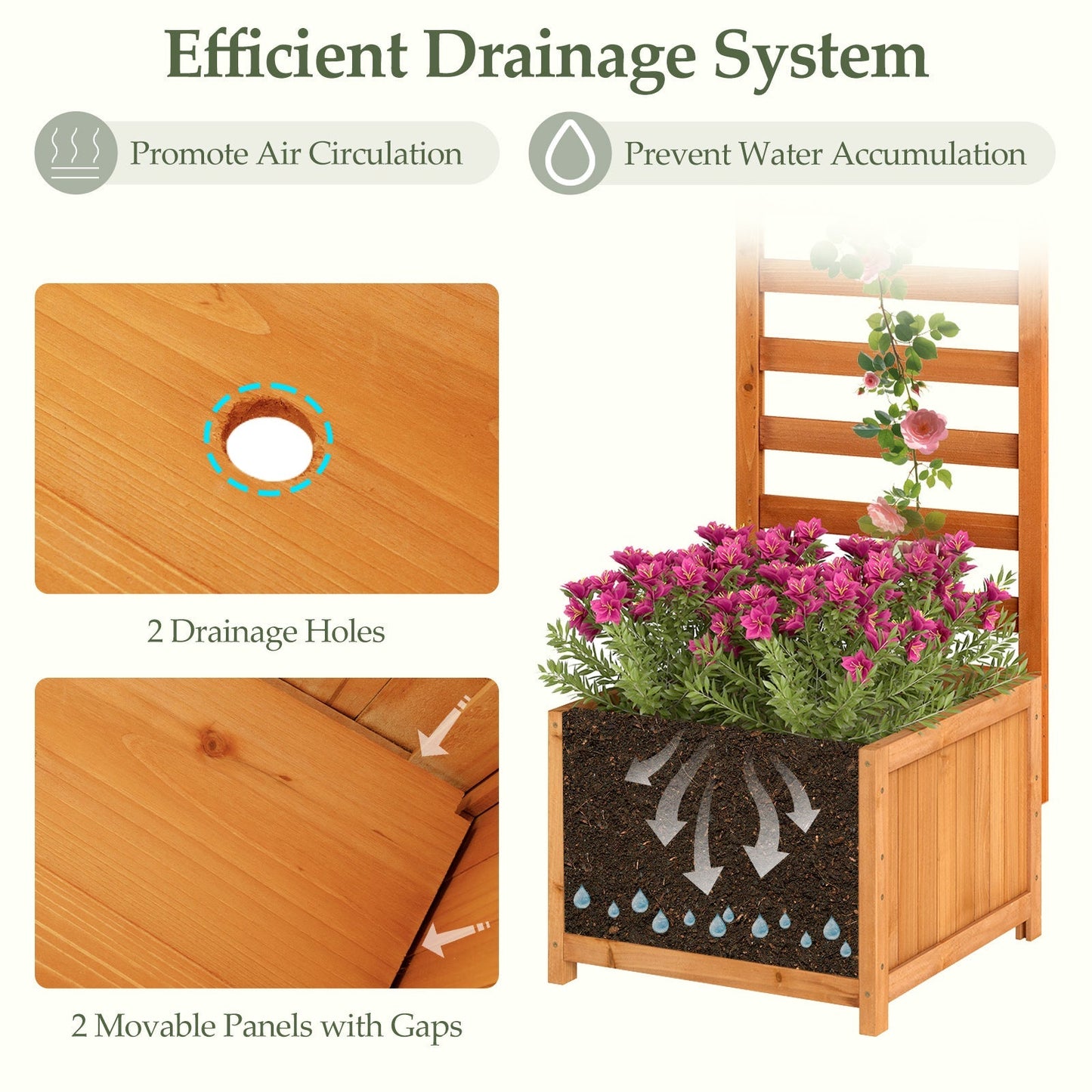 48 Inch Wood Raised Garden Bed with Trellis with Drainage Holes-Natural