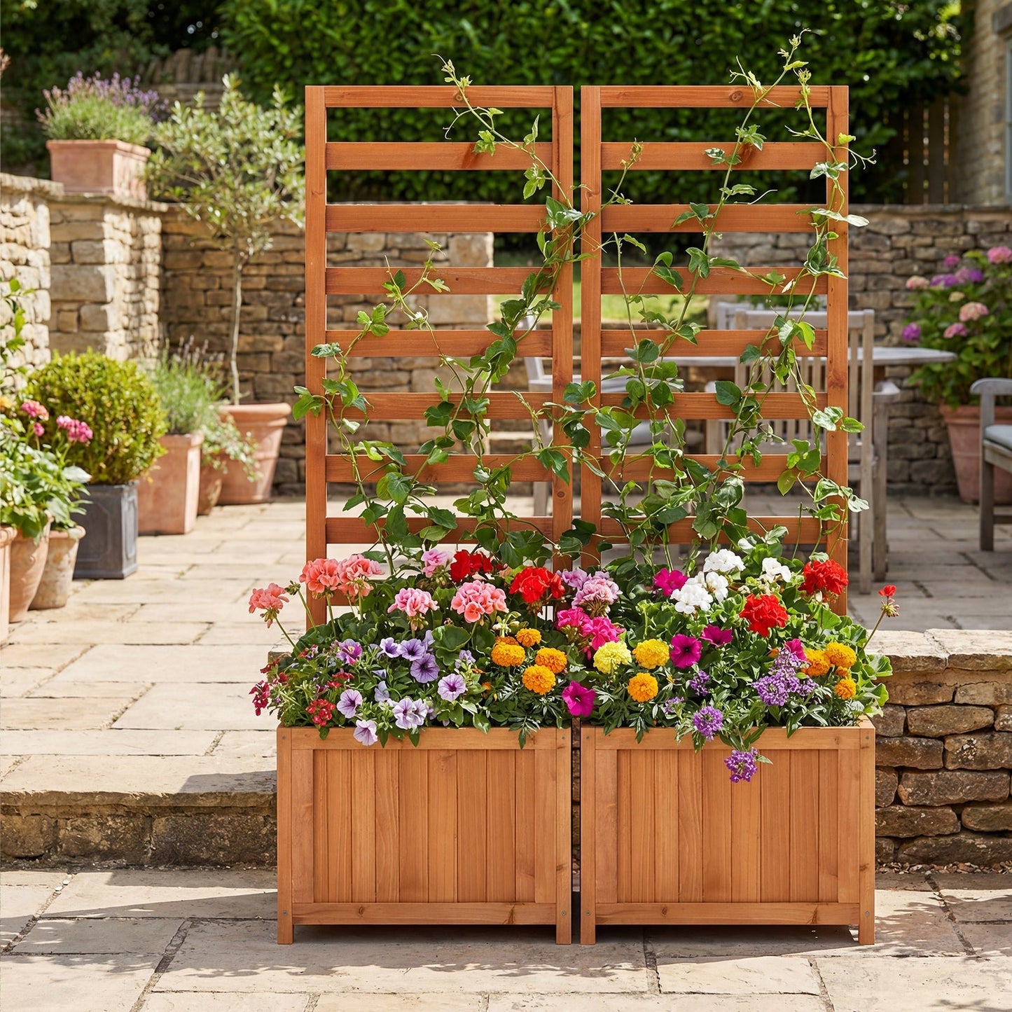 48 Inch Wood Raised Garden Bed with Trellis with Drainage Holes-Natural
