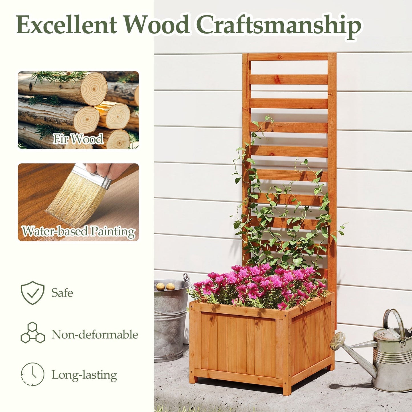 48 Inch Wood Raised Garden Bed with Trellis with Drainage Holes-Natural