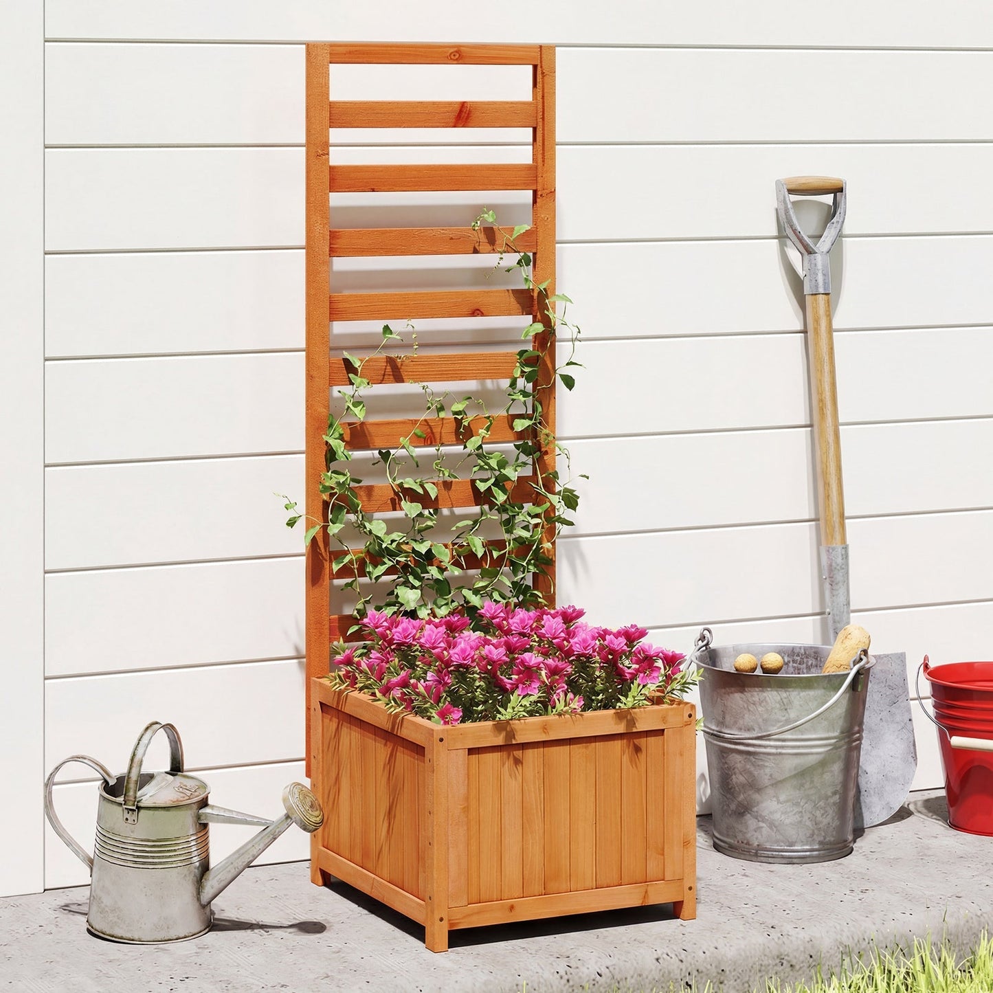 48 Inch Wood Raised Garden Bed with Trellis with Drainage Holes-Natural