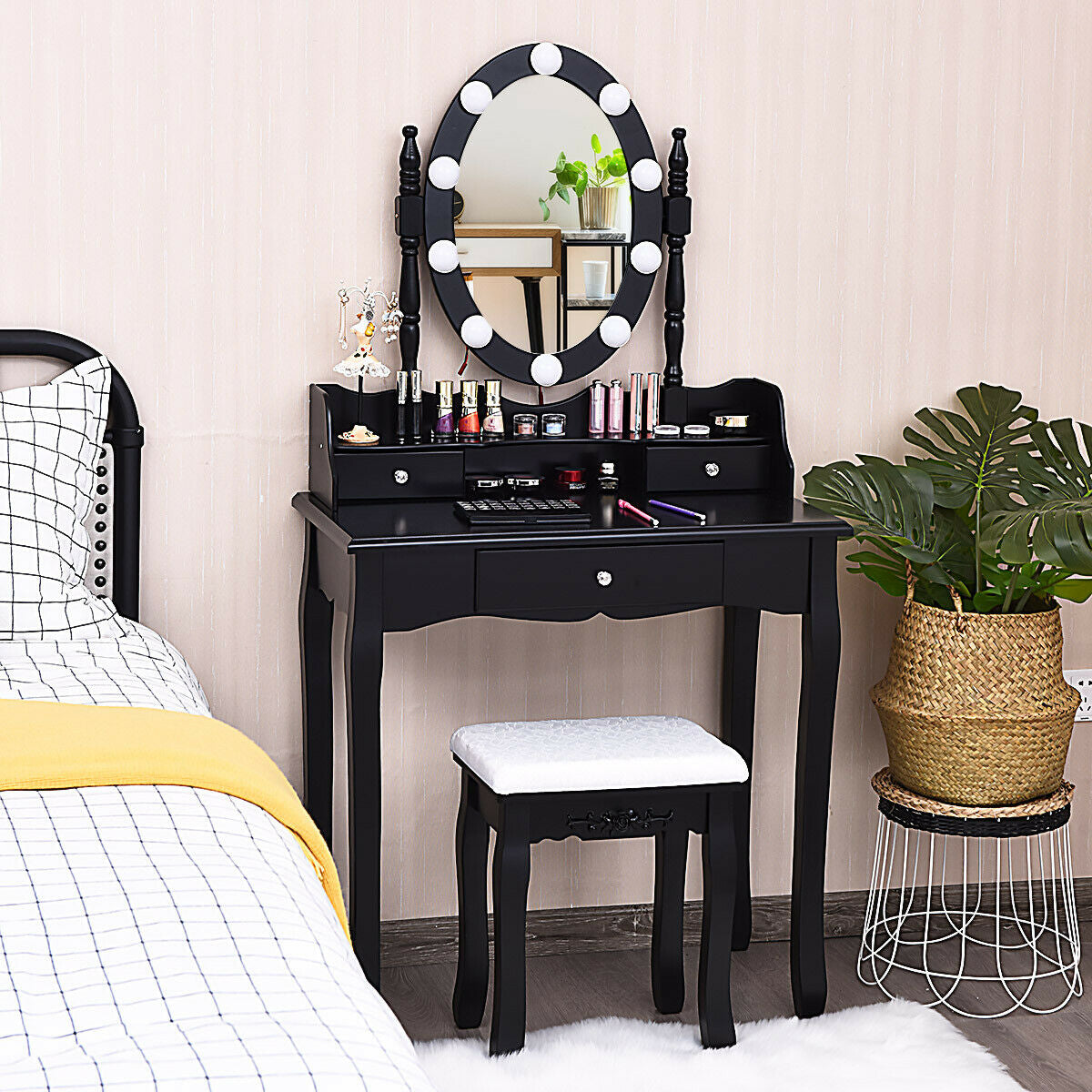 Oval Mirror Vanity Set with 10 LED Dimmable Bulbs and 3 Drawers