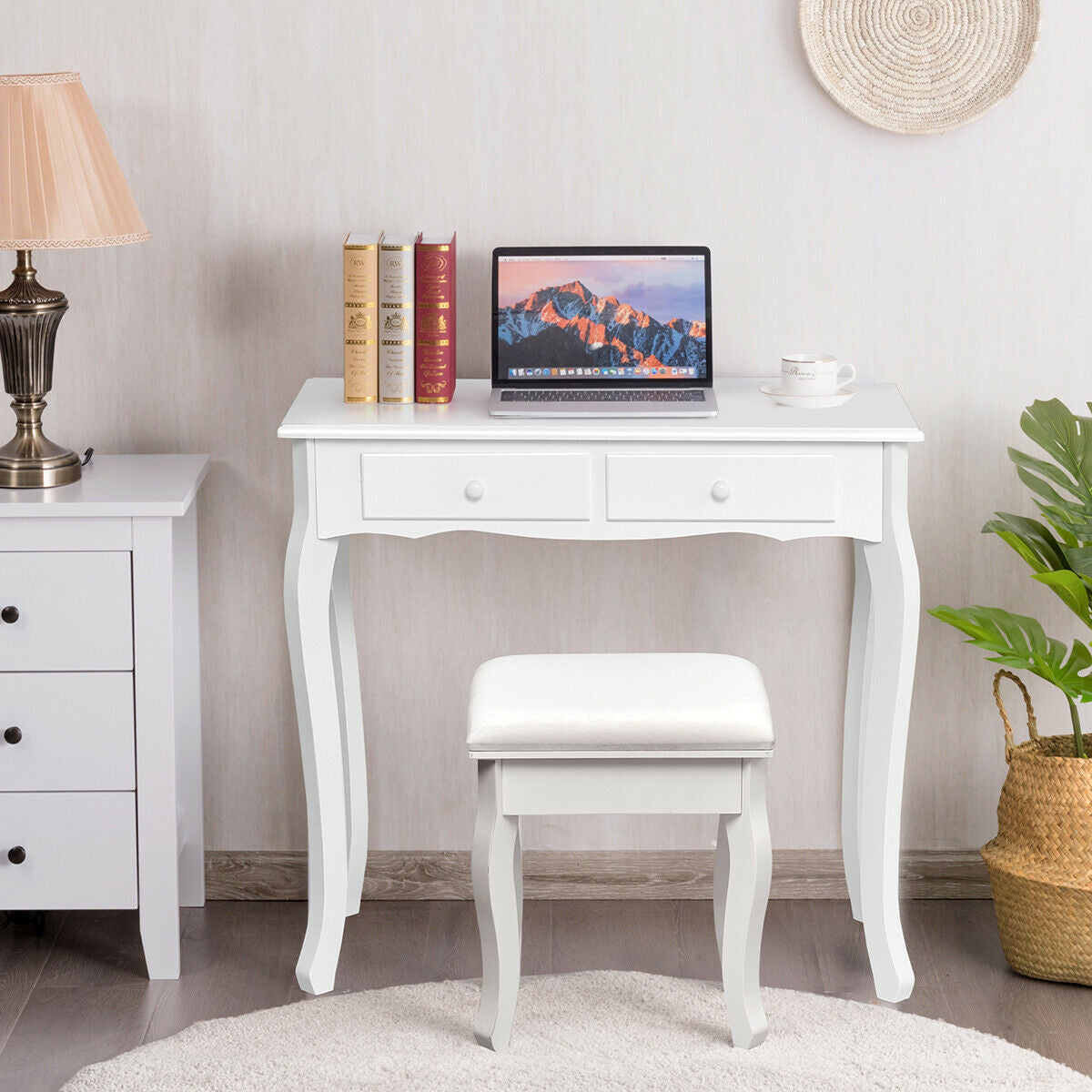 4 Drawers Wood Mirrored Vanity Dressing Table with Stool