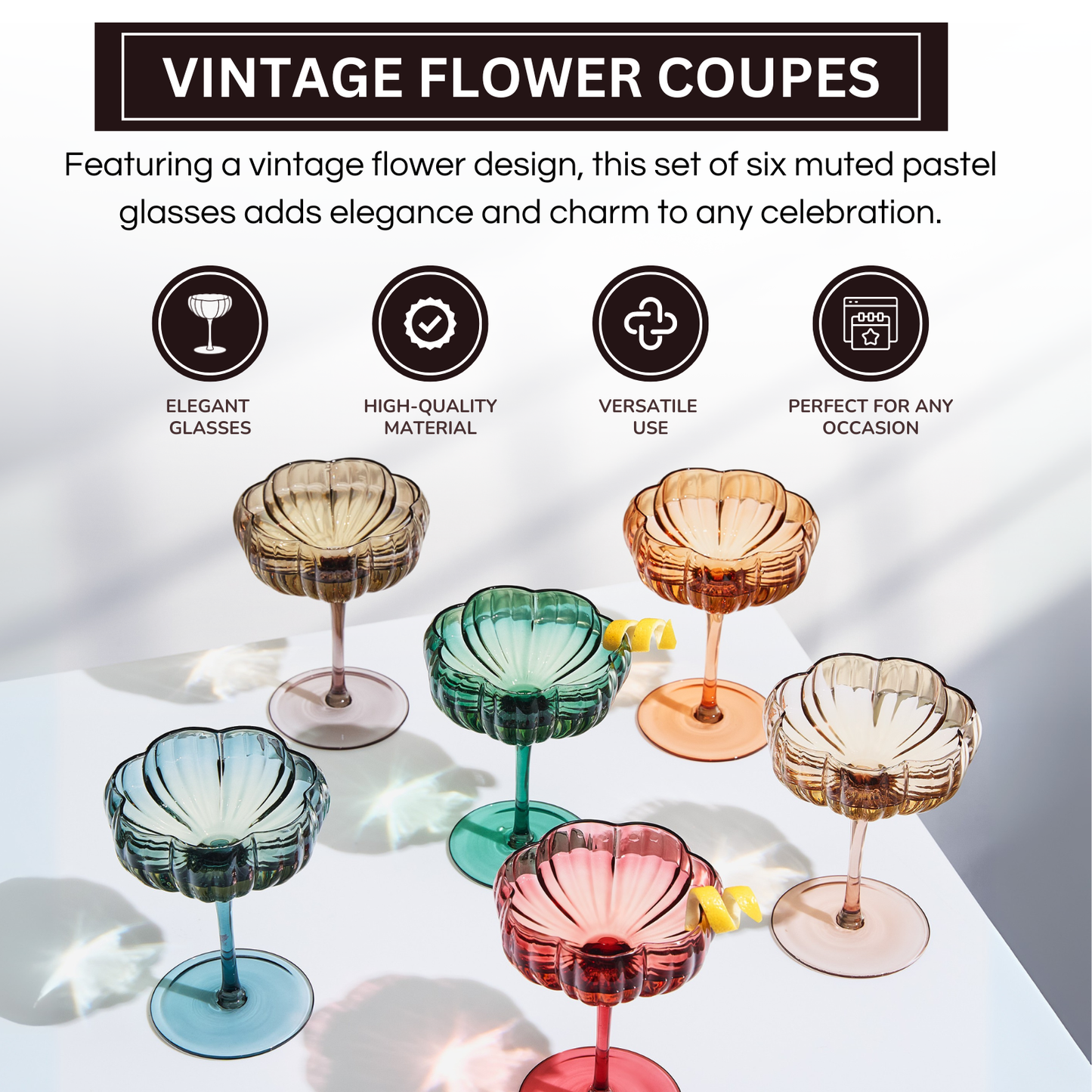 Flower Coupe Cocktail Colored Glasses | Set of 6 | Muted