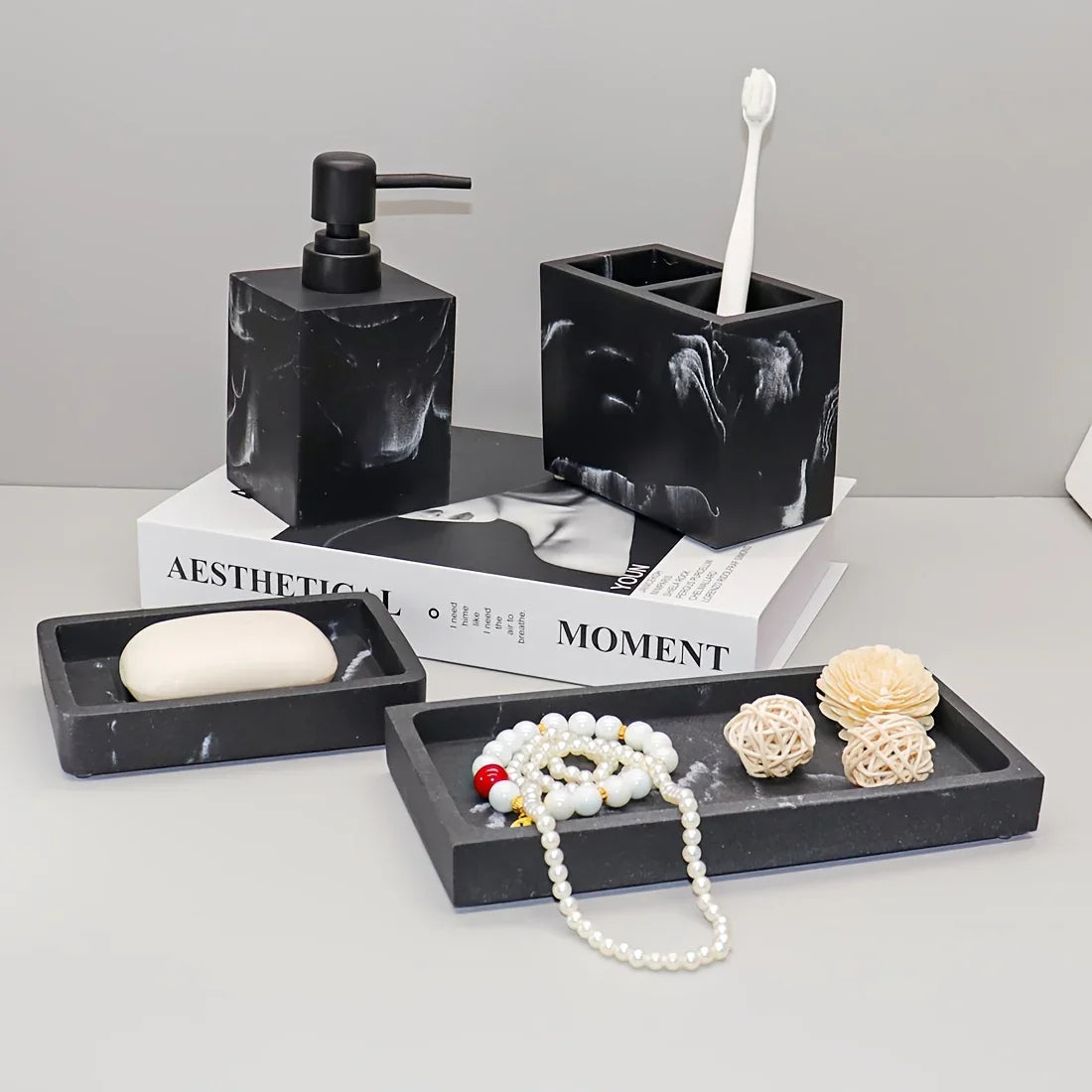 4pcs Bathroom Set: Soap Dispenser, Toothbrush Holder, Soap Dish, Storage Tray – Black Design, Suitable for All Bath Styles to Create a Cozy Home Decor Experience Year-Round