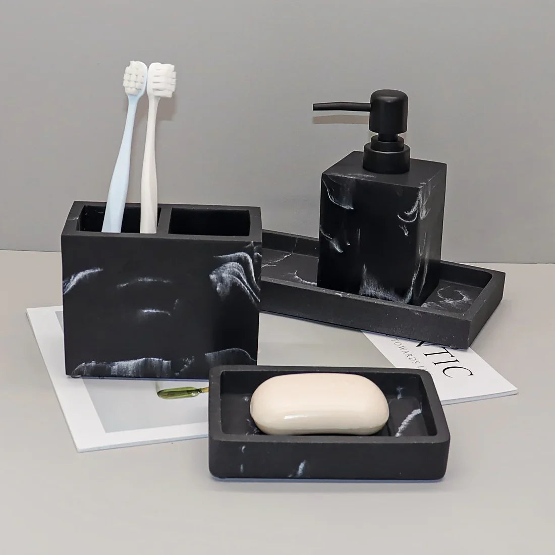 4pcs Bathroom Set: Soap Dispenser, Toothbrush Holder, Soap Dish, Storage Tray – Black Design, Suitable for All Bath Styles to Create a Cozy Home Decor Experience Year-Round