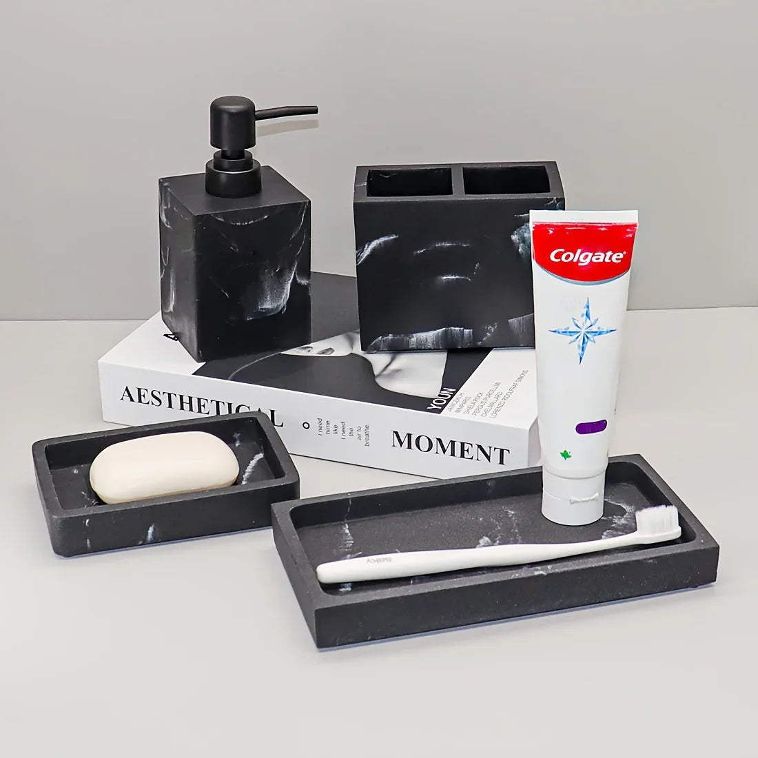 4pcs Bathroom Set: Soap Dispenser, Toothbrush Holder, Soap Dish, Storage Tray – Black Design, Suitable for All Bath Styles to Create a Cozy Home Decor Experience Year-Round