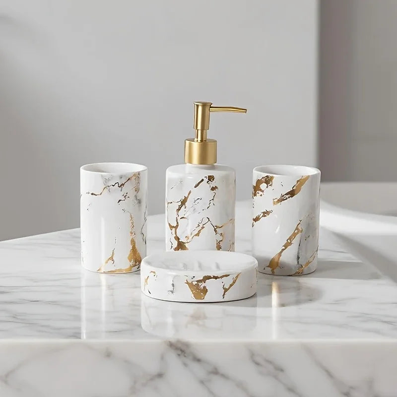 4pcs set of marble pattern, ceramic bathroom toiletry set, mouthwash cup, toothbrush cup, lotion bottle, soap box set bathroom wash high-end gift set, suitable for family hotel homestay bathroom use, ceramic material Nordic l