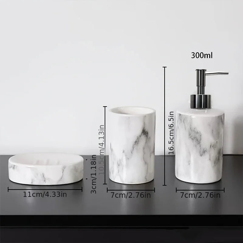 4pcs set of marble pattern, ceramic bathroom toiletry set, mouthwash cup, toothbrush cup, lotion bottle, soap box set bathroom wash high-end gift set, suitable for family hotel homestay bathroom use, ceramic material Nordic l