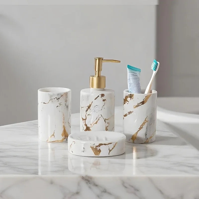 4pcs set of marble pattern, ceramic bathroom toiletry set, mouthwash cup, toothbrush cup, lotion bottle, soap box set bathroom wash high-end gift set, suitable for family hotel homestay bathroom use, ceramic material Nordic l