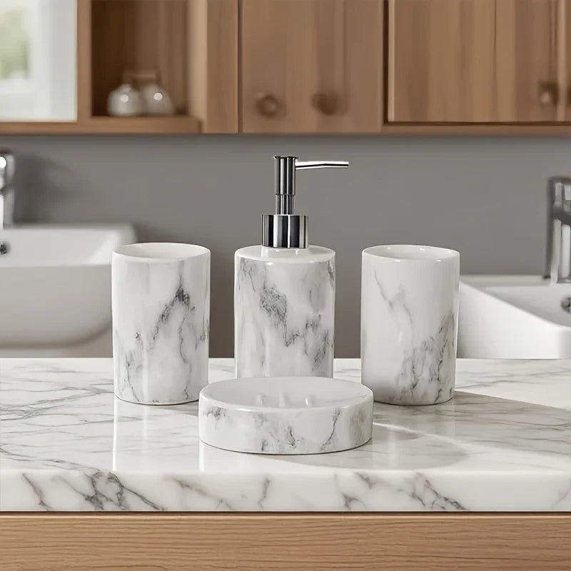 4pcs set of marble pattern, ceramic bathroom toiletry set, mouthwash cup, toothbrush cup, lotion bottle, soap box set bathroom wash high-end gift set, suitable for family hotel homestay bathroom use, ceramic material Nordic l