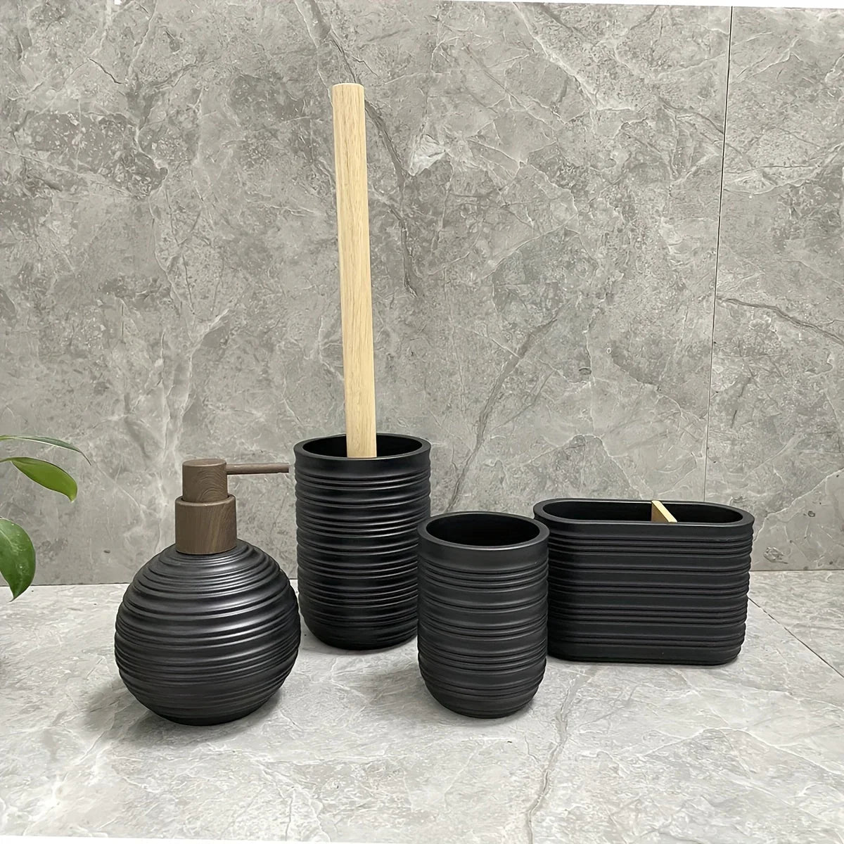 [4pcs Wooden Bathroom Set] Four-piece Wooden Bathroom Set | Wood Grain Water Transfer Print Nozzle Beige Sandstone Lotion Bottle Mouth Cup Toothbrush Holder Toilet Brush with Wooden Handle