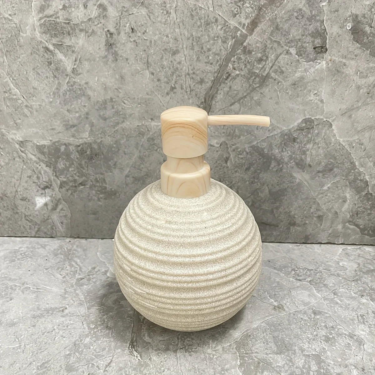 [4pcs Wooden Bathroom Set] Four-piece Wooden Bathroom Set | Wood Grain Water Transfer Print Nozzle Beige Sandstone Lotion Bottle Mouth Cup Toothbrush Holder Toilet Brush with Wooden Handle